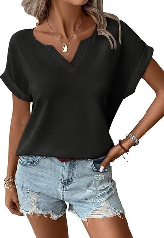 تي شيرت نسائي بياقة على شكل V وأكمام تشبه جناح الخفاش تي شيرت صيفي بأكمام ملفوفة تي شيرت أساسي فضفاض بأكمام قصيرة تي شيرت 2025 in Kuwait