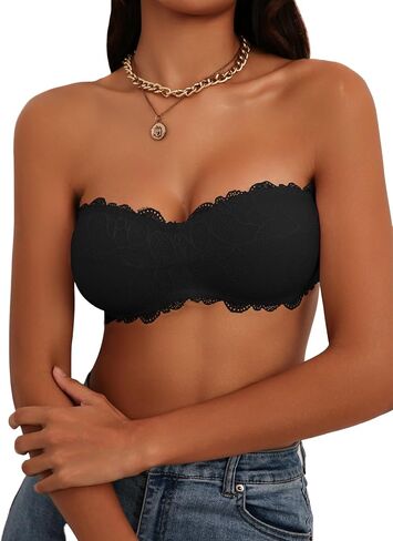Luna & Sun Women's Strapless Lace Bandeau Padded Tube Top Bralette, with Back Hook and Eye Closure in Saudi Arabia