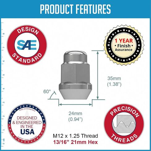 Wheel Accessories Parts 10 Pcs M12 x 1.25 12 x 1.25 Thread Bulge Acorn 35mm 1.38" Long Lug Nuts Chrome 13/16" 21mm Hex Fits Infiniti Pass Cars ｜ Nissan Pass Cars with Aftermarket Wheels in Saudi Arabia