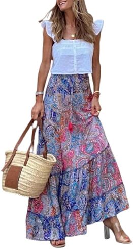 Spevert Women's Bohemian Floral Printed Elastic Waist A Line Maxi Skirt for Women Summer Casual Long Skirt in Kuwait