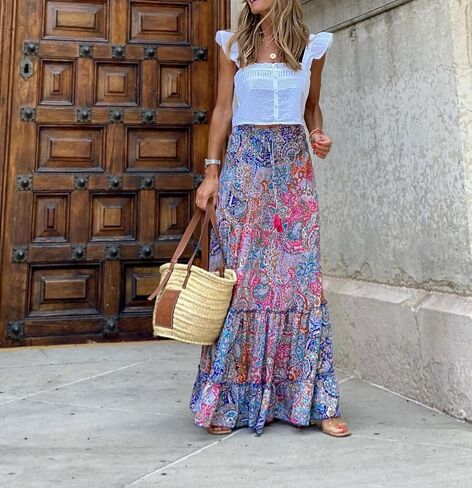 Spevert Women's Bohemian Floral Printed Elastic Waist A Line Maxi Skirt for Women Summer Casual Long Skirt in Kuwait