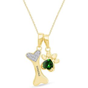 Personalized Engrave Simulated Birthstone & Diamond Accent Paw Print and Dog Bone Charm Pendant Necklace in 14k Yellow Gold Over Sterling Silver in Saudi Arabia