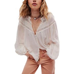 Boho Lace Bow Tie Front Top for Women Cute Sheer Ruffle Flowy Long Sleeve Shirts Coquette V Neck Button Down Blouse in Saudi Arabia