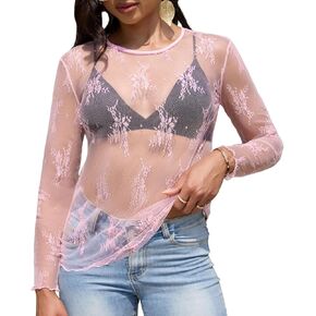 Lace Tops for Women Mesh Long Sleeve Top Crew Neck Sheer Blouse Sexy See Through Layering Shirts Outfits in Saudi Arabia