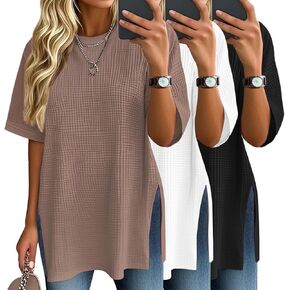 3 Pack Women's Oversized Waffle Knit Short Sleeve Tops Side Split Crewneck Loose Long T-Shirts Summer Casual Tees in Kuwait