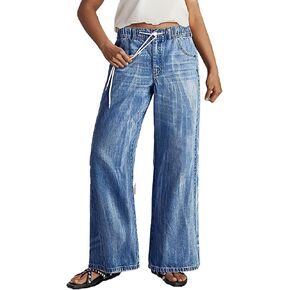 Flamingals Wide Leg Jeans for Women Casual Baggy Mid Rise Drawstring Elastic Waist Seam Detail Wash Denim Pants in Saudi Arabia