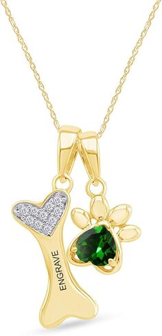 Personalized Engrave Simulated Birthstone & Diamond Accent Paw Print and Dog Bone Charm Pendant Necklace in 14k Yellow Gold Over Sterling Silver in Saudi Arabia