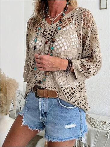 Wdirara Women's Plus Size Hollow Out Crochet Sweater Half Sleeve Tops Leate Comps in Saudi Arabia