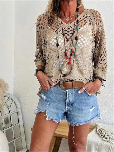 Wdirara Women's Plus Size Hollow Out Crochet Sweater Half Sleeve Tops Leate Comps in Saudi Arabia