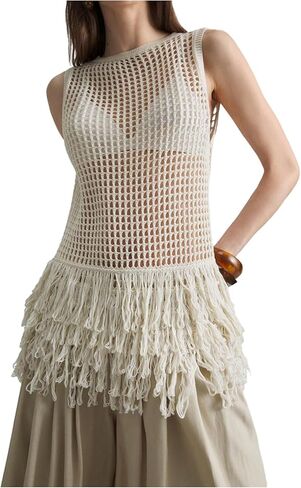 Milumia Women's Hollow Out Fringe Knitted Tank Top Sexy Sheer Sleeveless Long Sweater Vests in Saudi Arabia