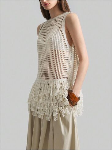 Milumia Women's Hollow Out Fringe Knitted Tank Top Sexy Sheer Sleeveless Long Sweater Vests in Saudi Arabia
