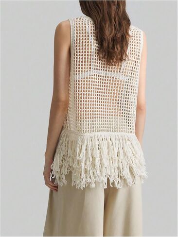 Milumia Women's Hollow Out Fringe Knitted Tank Top Sexy Sheer Sleeveless Long Sweater Vests in Saudi Arabia