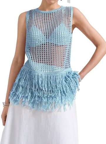 Milumia Women's Hollow Out Fringe Knitted Tank Top Sexy Sheer Sleeveless Long Sweater Vests in Saudi Arabia