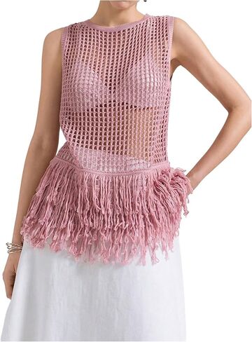 Milumia Women's Hollow Out Fringe Knitted Tank Top Sexy Sheer Sleeveless Long Sweater Vests in Saudi Arabia