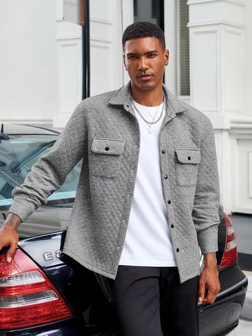 Yousify Mens Casual Shirt Jacket Long Sleeve Button Down Fall Shacket Lightweight Quilted Jackets with Pockets in Saudi Arabia