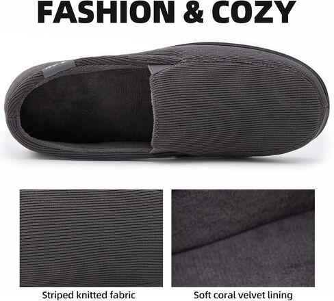 Men's Breathable Memory Foam Slipper with Non Slip Sole Comfy Loafer House Shoes Striped Knitted Upper with Coral Velvet Lining for Indoor Outdoor Slippers Grey Brown US8-13 in Saudi Arabia