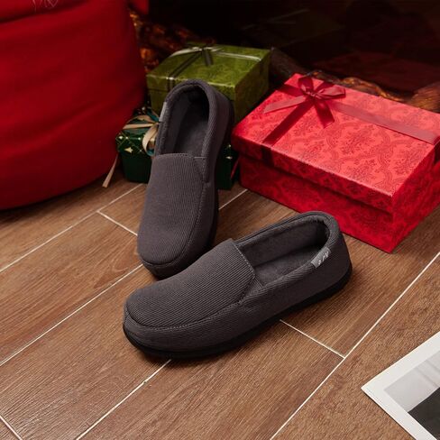 Men's Breathable Memory Foam Slipper with Non Slip Sole Comfy Loafer House Shoes Striped Knitted Upper with Coral Velvet Lining for Indoor Outdoor Slippers Grey Brown US8-13 in Saudi Arabia