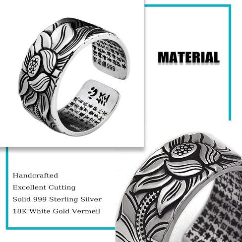 Vintage 999 Sterling Silver Lotus Ring, Adjustable Feng Shui Tibetan Buddhist Heart Sutra Ring for Women Men, Wealth Lucky Money Health Amulet Jewelry for Prayer Safe Wealth (A) in Saudi Arabia