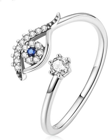 14K Gold Over S925 Sterling Silver Evil Eye Evil Eye Adjustable Ring with Moissanite & Sapphire Accents,Bless Luck Band,Meaningful Gift for Her in Saudi Arabia
