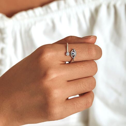 14K Gold Over S925 Sterling Silver Evil Eye Evil Eye Adjustable Ring with Moissanite & Sapphire Accents,Bless Luck Band,Meaningful Gift for Her in Saudi Arabia