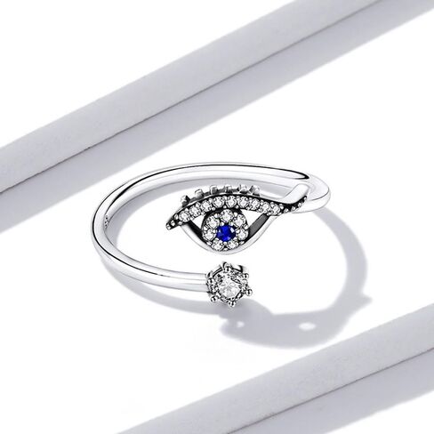 14K Gold Over S925 Sterling Silver Evil Eye Evil Eye Adjustable Ring with Moissanite & Sapphire Accents,Bless Luck Band,Meaningful Gift for Her in Saudi Arabia