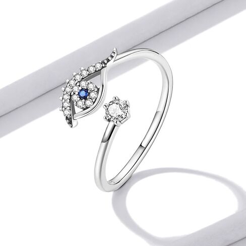 14K Gold Over S925 Sterling Silver Evil Eye Evil Eye Adjustable Ring with Moissanite & Sapphire Accents,Bless Luck Band,Meaningful Gift for Her in Saudi Arabia