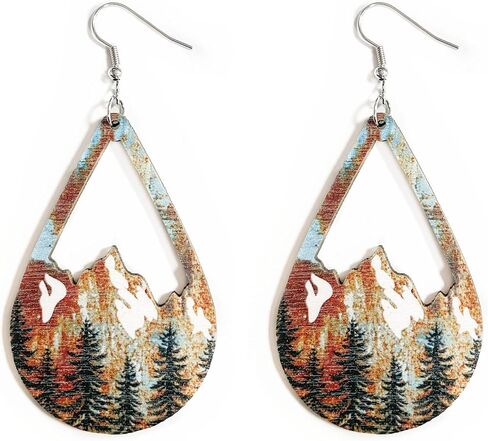 Bohemian Wooden Hollow Mountain Dangle Earrings Lightweight Nature Landscape Painting Drop Earrings for Women Statement Outdoor Enthusiast Jewelry Gifts-Water Drop C in Kuwait