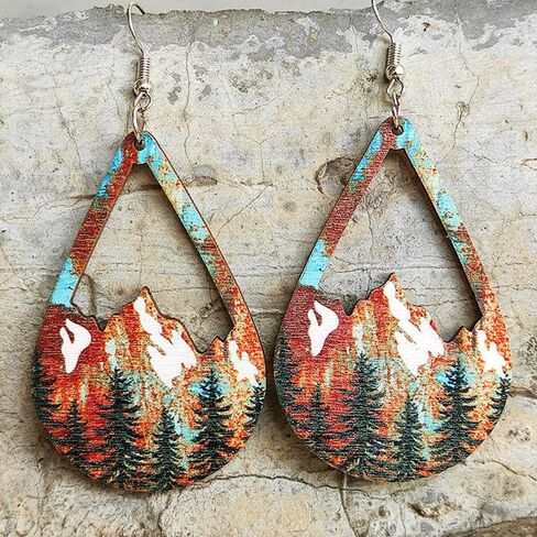 Bohemian Wooden Hollow Mountain Dangle Earrings Lightweight Nature Landscape Painting Drop Earrings for Women Statement Outdoor Enthusiast Jewelry Gifts-Water Drop C in Kuwait