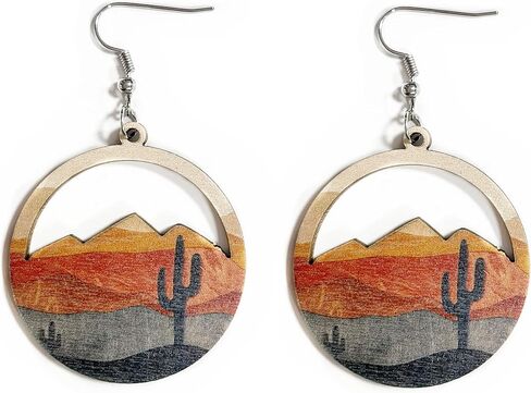 Bohemian Wooden Hollow Mountain Dangle Earrings Lightweight Nature Landscape Painting Drop Earrings for Women Statement Outdoor Enthusiast Jewelry Gifts-Water Drop C in Kuwait