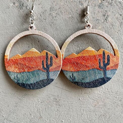 Bohemian Wooden Hollow Mountain Dangle Earrings Lightweight Nature Landscape Painting Drop Earrings for Women Statement Outdoor Enthusiast Jewelry Gifts-Water Drop C in Kuwait