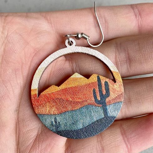 Bohemian Wooden Hollow Mountain Dangle Earrings Lightweight Nature Landscape Painting Drop Earrings for Women Statement Outdoor Enthusiast Jewelry Gifts-Water Drop C in Kuwait