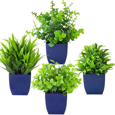 Grever 4 Pack Small Fake Plants in Blue Pot Mini Artificial Potted Plants for Home Bathroom Office Table Desk Shelf Indoor Decor in Saudi Arabia