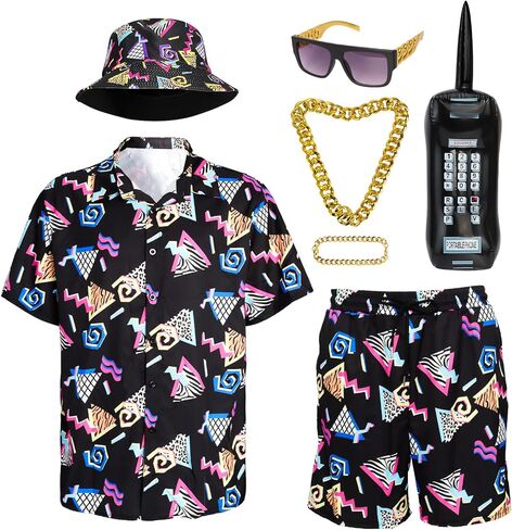 80s 90s Outfit for Men, Retro Hawaiian Shirts and Shorts Set,Hip Hop Sportswear 7Pcsfor Disco Party in Kuwait