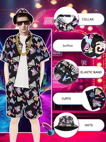 80s 90s Outfit for Men, Retro Hawaiian Shirts and Shorts Set,Hip Hop Sportswear 7Pcsfor Disco Party in Kuwait