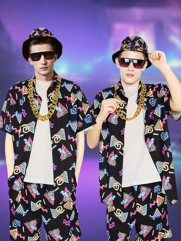 80s 90s Outfit for Men, Retro Hawaiian Shirts and Shorts Set,Hip Hop Sportswear 7Pcsfor Disco Party in Kuwait