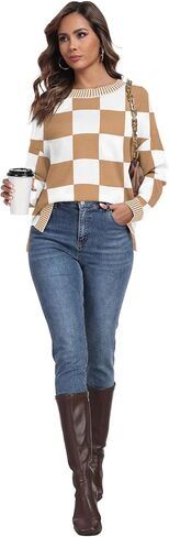 PrinStory Women's Long Sleeve Sweaters Loose Fit Crewneck Pullover Tops with Side Slits 2024 Fall Outfits Fashion Clothes in Kuwait