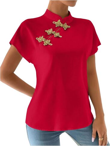 MakeMeChic Women's Chinese Shirts Summer Cheongsam Tops Mock Neck Buckle Short Sleeve Blouse in Saudi Arabia