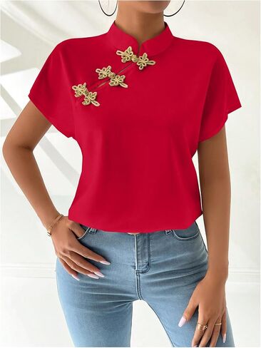 MakeMeChic Women's Chinese Shirts Summer Cheongsam Tops Mock Neck Buckle Short Sleeve Blouse in Saudi Arabia