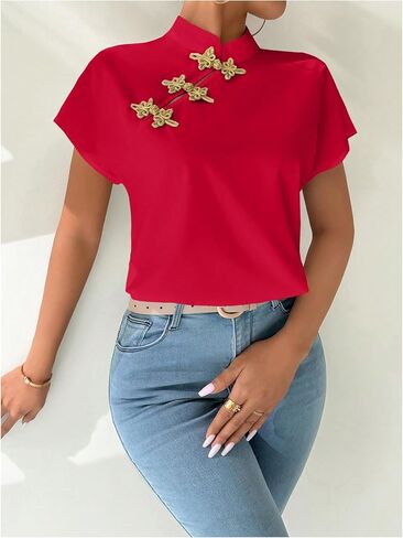 MakeMeChic Women's Chinese Shirts Summer Cheongsam Tops Mock Neck Buckle Short Sleeve Blouse in Saudi Arabia