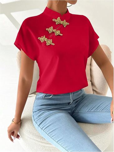MakeMeChic Women's Chinese Shirts Summer Cheongsam Tops Mock Neck Buckle Short Sleeve Blouse in Saudi Arabia
