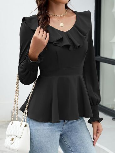 Womens Dressy Casual Blouses Long Sleeve V Neck Ruffle Tops Ladies Fall 2025 Work Shirt in Kuwait