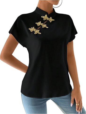 Makemechic Women's Mock Neck Cheongsam Tops Buckle Short Sleeve Plouse Bluse Tops in Saudi Arabia
