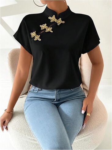Makemechic Women's Mock Neck Cheongsam Tops Buckle Short Sleeve Plouse Bluse Tops in Saudi Arabia