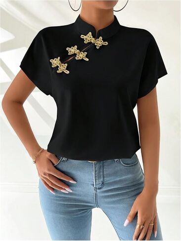Makemechic Women's Mock Neck Cheongsam Tops Buckle Short Sleeve Plouse Bluse Tops in Saudi Arabia
