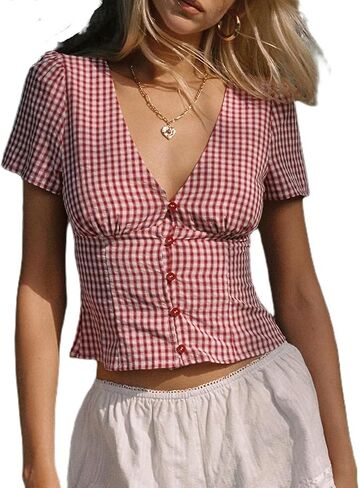 Y2k Button Up Shirt Women Short Sleeve Coquette Preppy Top Cute Vintage Button Down Slim Fitted Crop Gingham Blouse in Saudi Arabia
