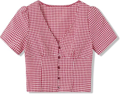 Y2k Button Up Shirt Women Short Sleeve Coquette Preppy Top Cute Vintage Button Down Slim Fitted Crop Gingham Blouse in Saudi Arabia