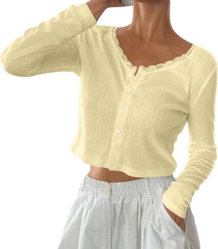 Baigram Women Long Sleeve Button Down Open Front V Brick Cric Cardigan Shirt Y2K Lace Patchwork Pointelle Knit Minimalist Tops in Kuwait