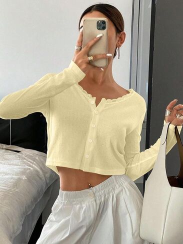 Baigram Women Long Sleeve Button Down Open Front V Brick Cric Cardigan Shirt Y2K Lace Patchwork Pointelle Knit Minimalist Tops in Kuwait