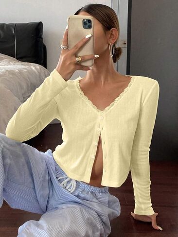 Baigram Women Long Sleeve Button Down Open Front V Brick Cric Cardigan Shirt Y2K Lace Patchwork Pointelle Knit Minimalist Tops in Kuwait