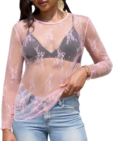 Lace Tops for Women Mesh Long Sleeve Top Crew Neck Sheer Blouse Sexy See Through Layering Shirts Outfits in Saudi Arabia